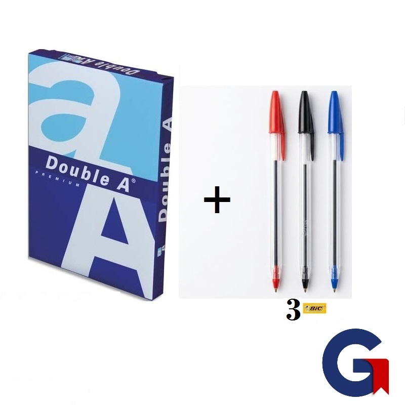 Papier rame double A + 3 stylos mixtes